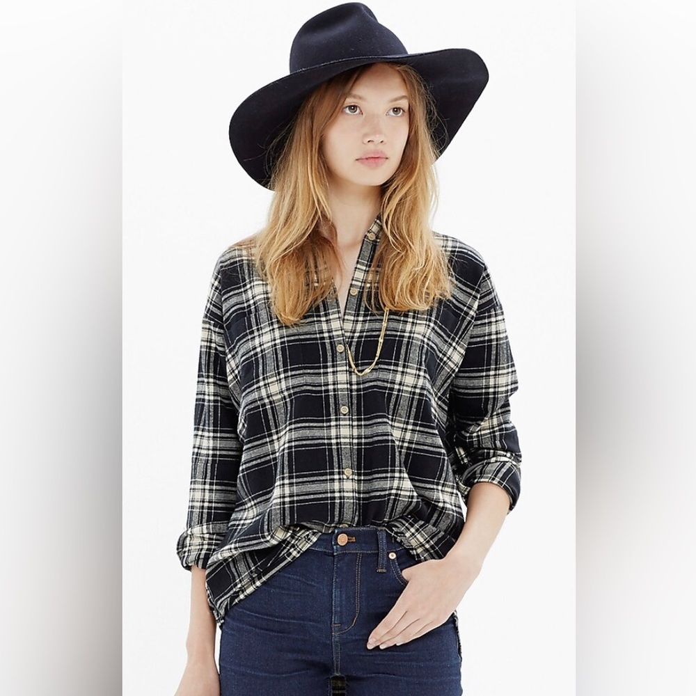 Madewell Flannel Trapeze Shirt in Overcast Plaid, black and cream, Size S